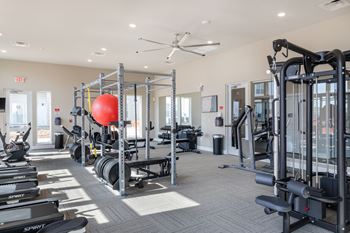 A gym with a variety of equipment including a weight bench, a squat rack, and a treadmill.